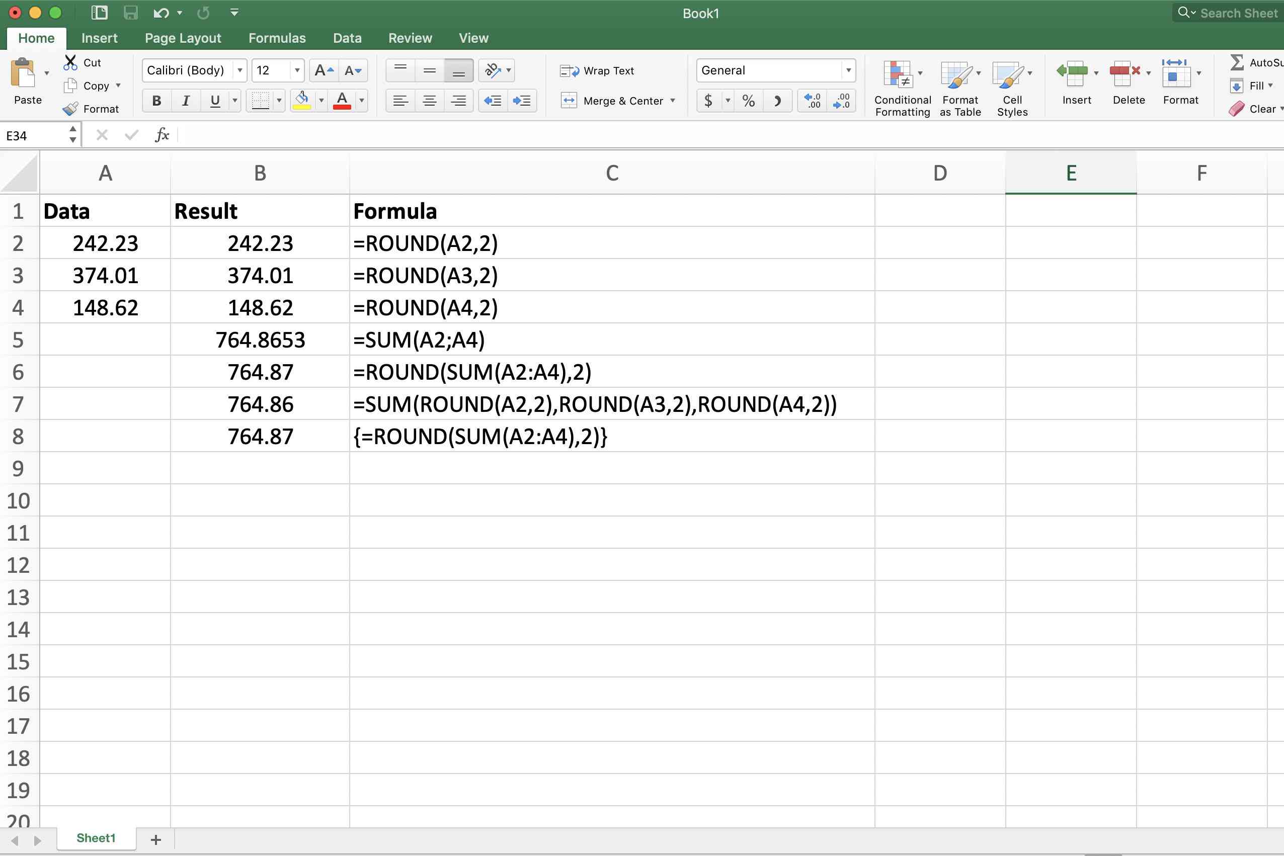 Skärmdump av Microsoft Excel med kombinerade funktioner