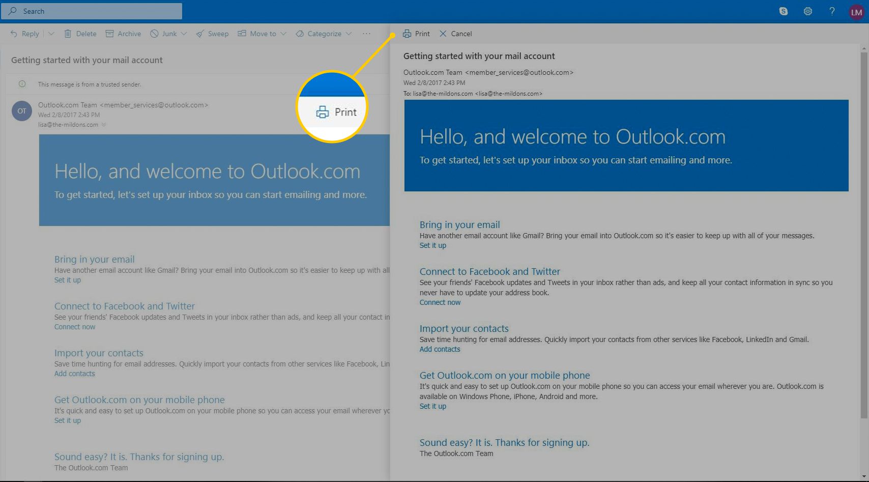 Skriv ut-knappen i Outlook