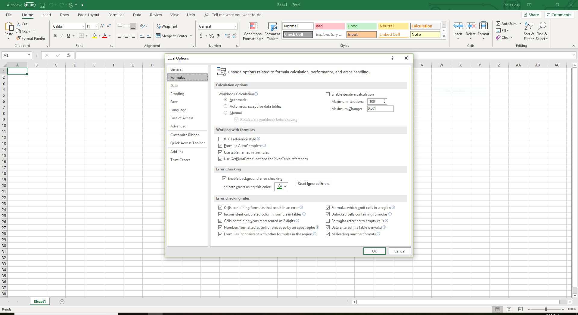 Skärmdump av Excel-alternativ på fliken Formler