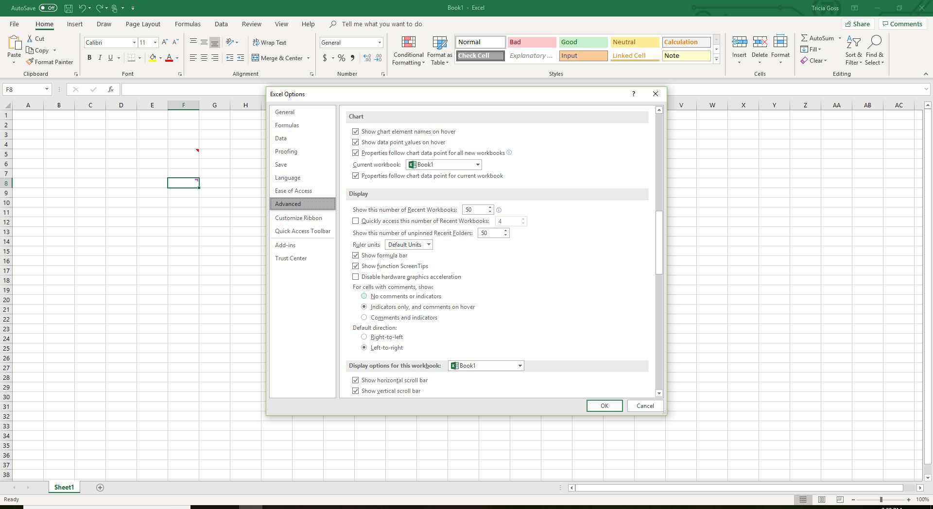 Skärmdump av Visa avsnitt på fliken Avancerat i Excel-alternativ