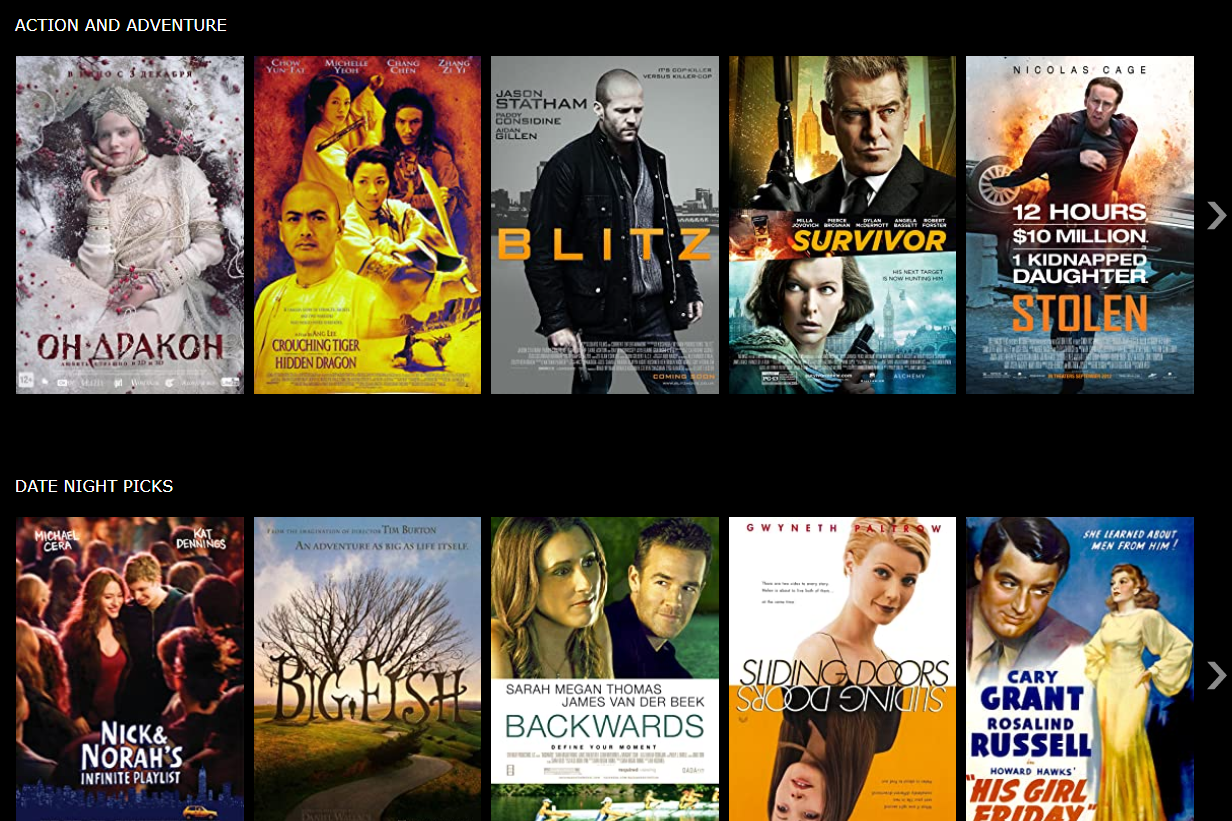 Skärmdump av IMDb TV-listan över gratis action- och äventyrsfilmer