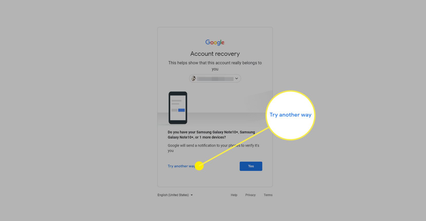 Skärmdump av återställningssidan för Google-konto med fokus på Ange sista lösenordet och försök länkar på ett annat sätt