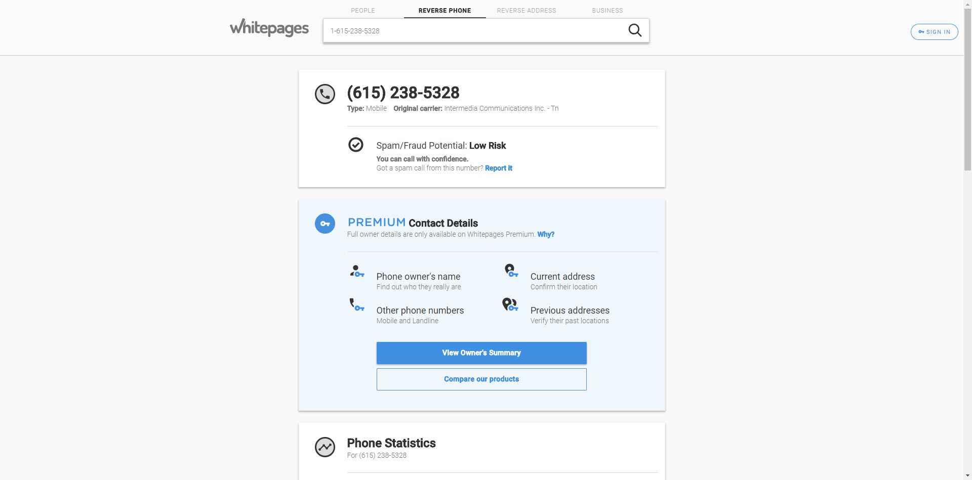 Skärmdump av WhitePages-webbplatsen med resultatet för omvänd telefonnummer.