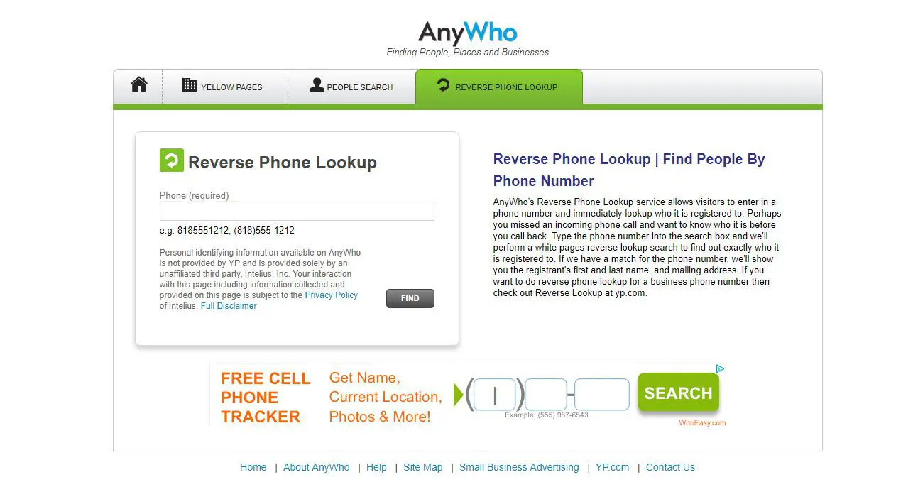 Skärmdump av webbplatsen AnyWho omvänd telefonnummer.