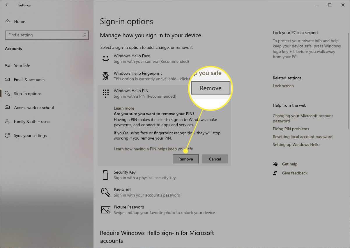 Windows 10 tar bort PIN-bekräftelse med Ta bort markerat