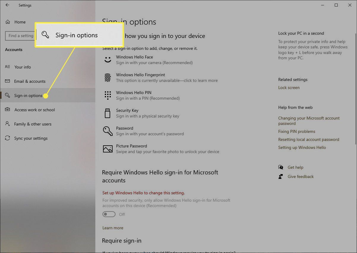 Windows 10 med inloggningsalternativ markerade