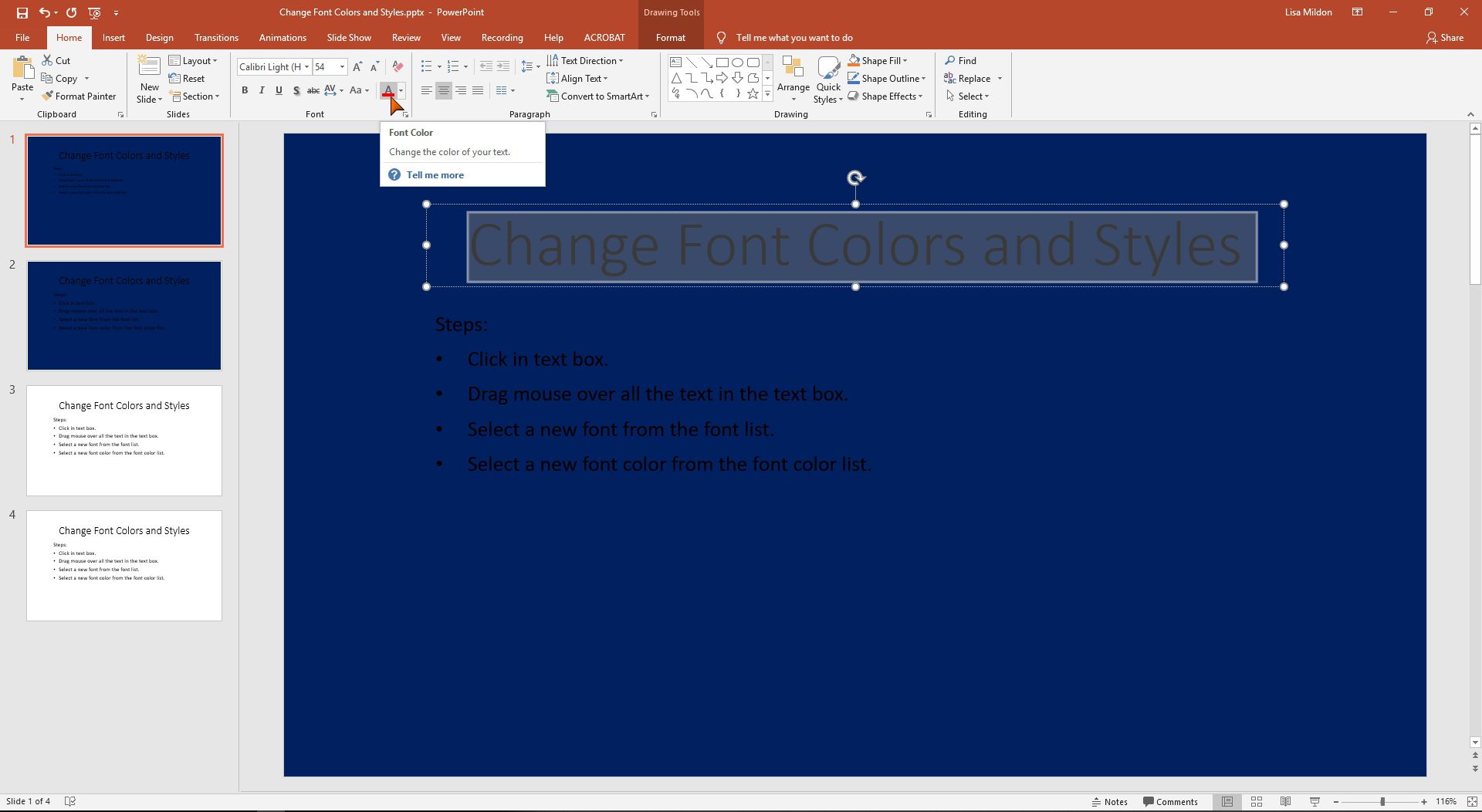 PowerPoint-gränssnitt som markerar alternativet Font Color.