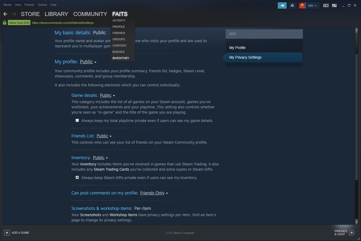 En skärmdump av sekretessinställningarna för Steam.