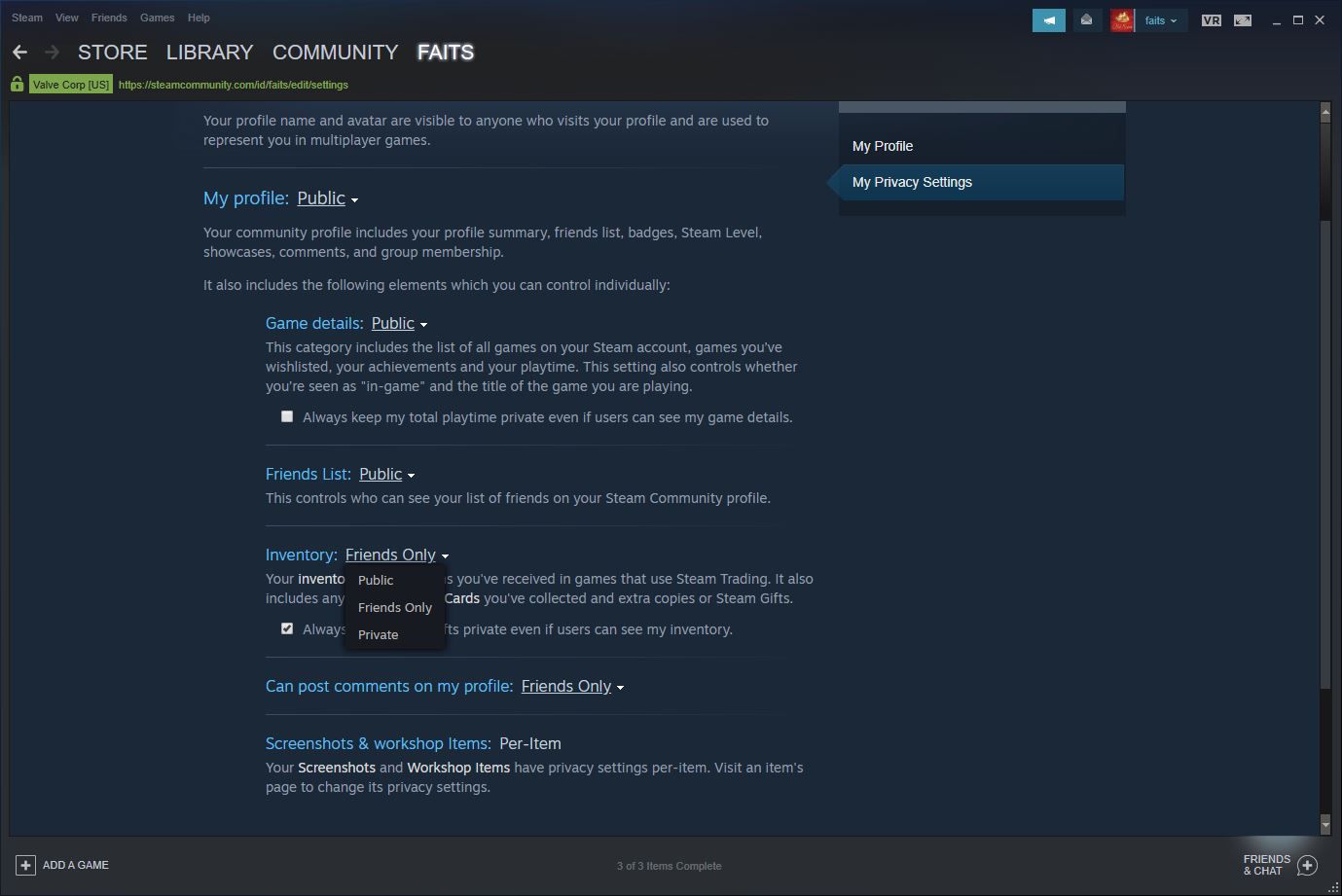 En skärmdump av Steams integritetsinställningar.