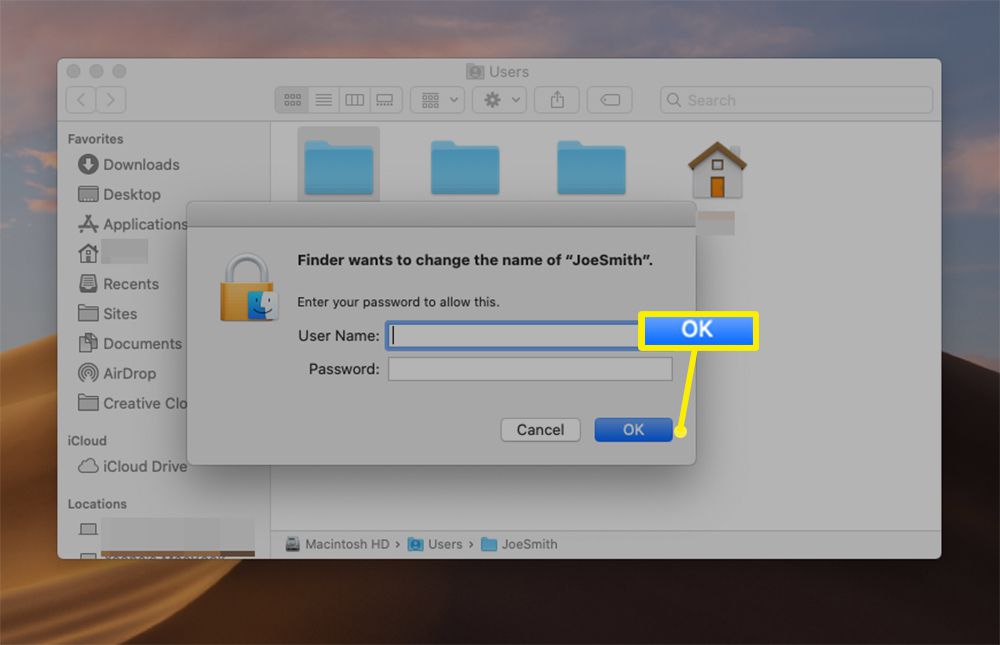 Dialogruta för att bekräfta ändring av namn på hemmapp på macOS