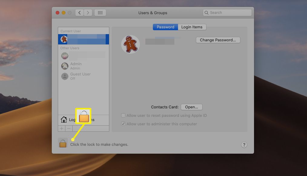 Användar- och grupplåsikon för att redigera användarbehörigheter på macOS