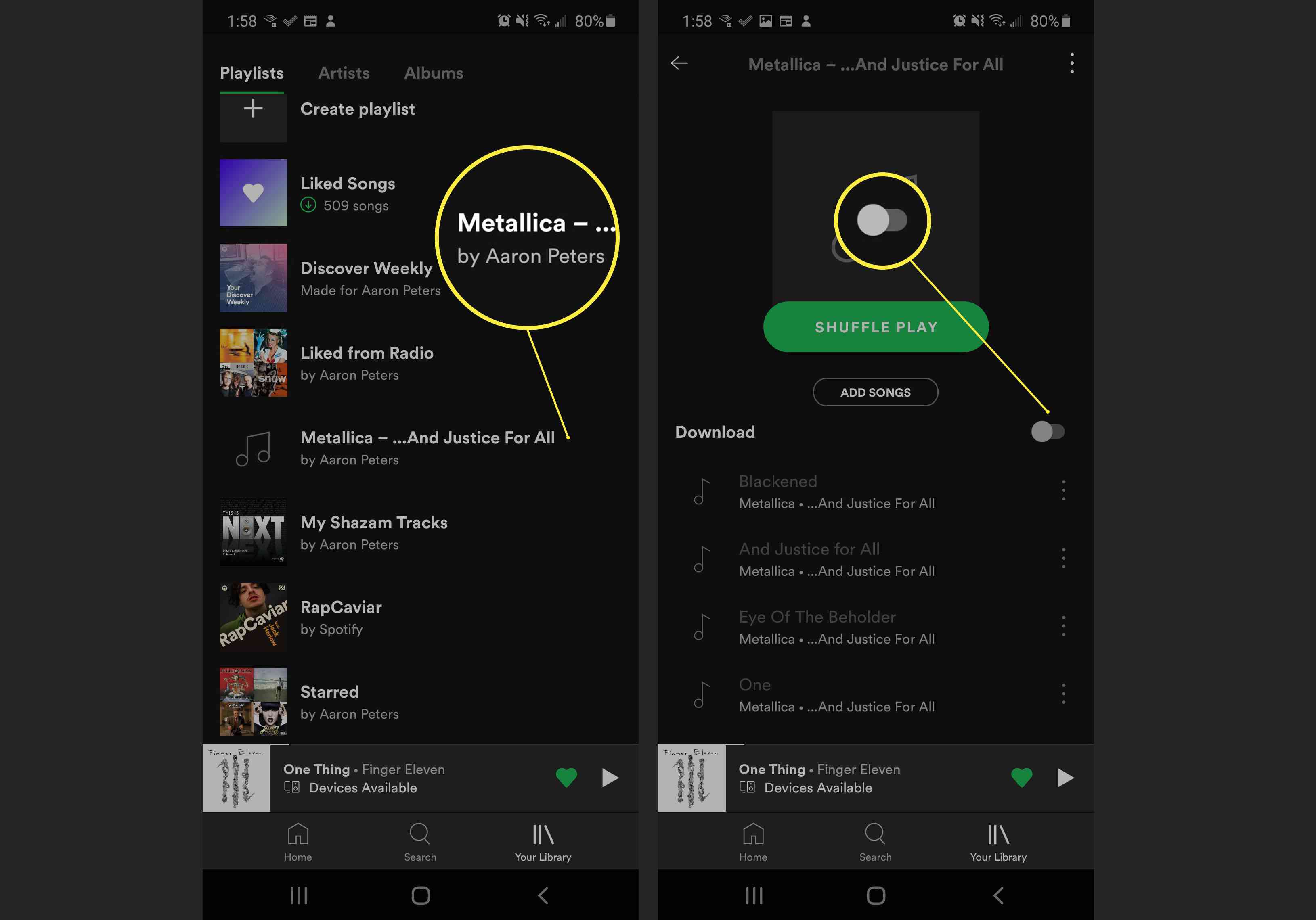 Åtgärder som krävs för att ladda ner filer på Spotify.