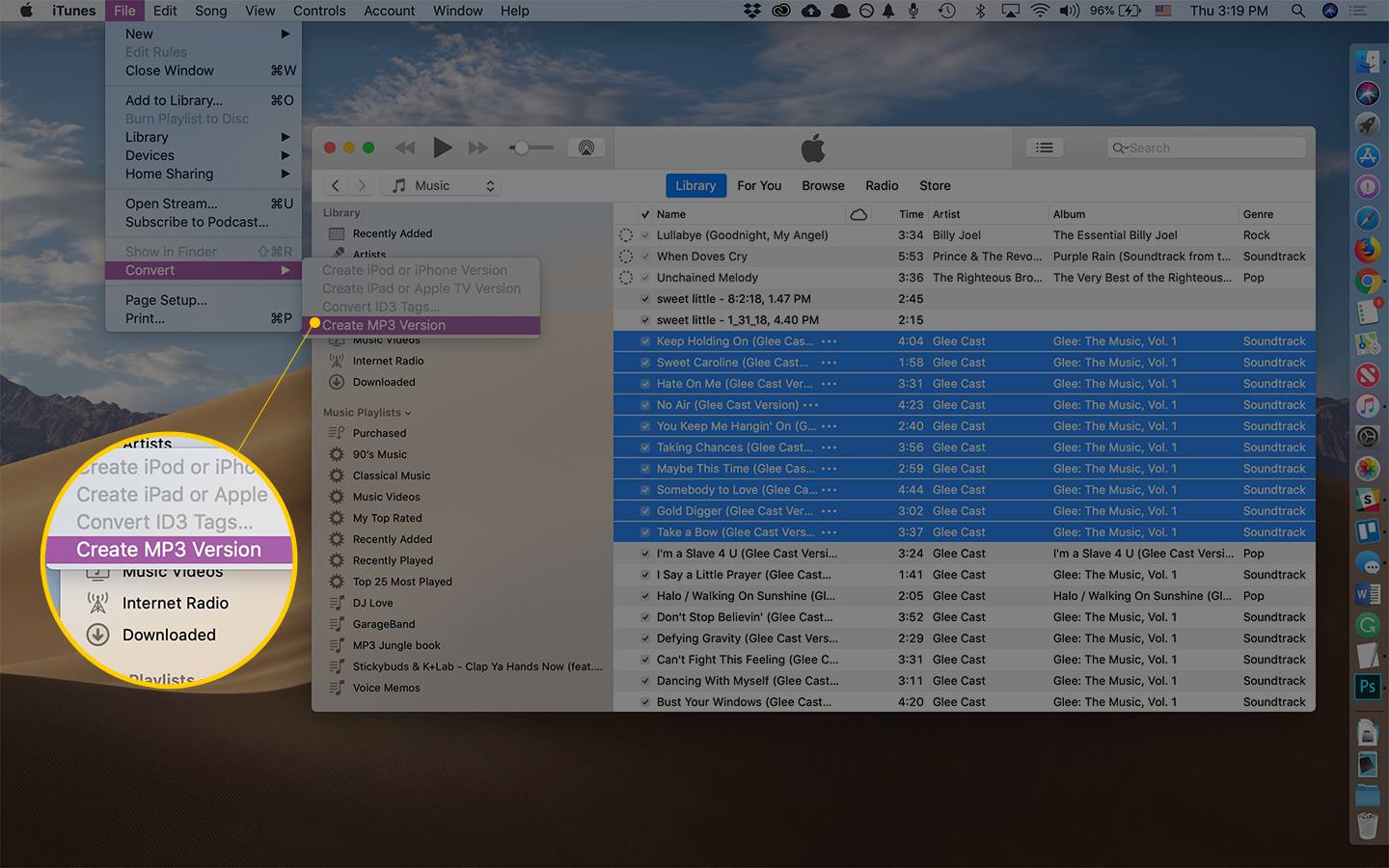 Skapa menyalternativ för MP3-version i Arkiv-menyn i iTunes på macOS