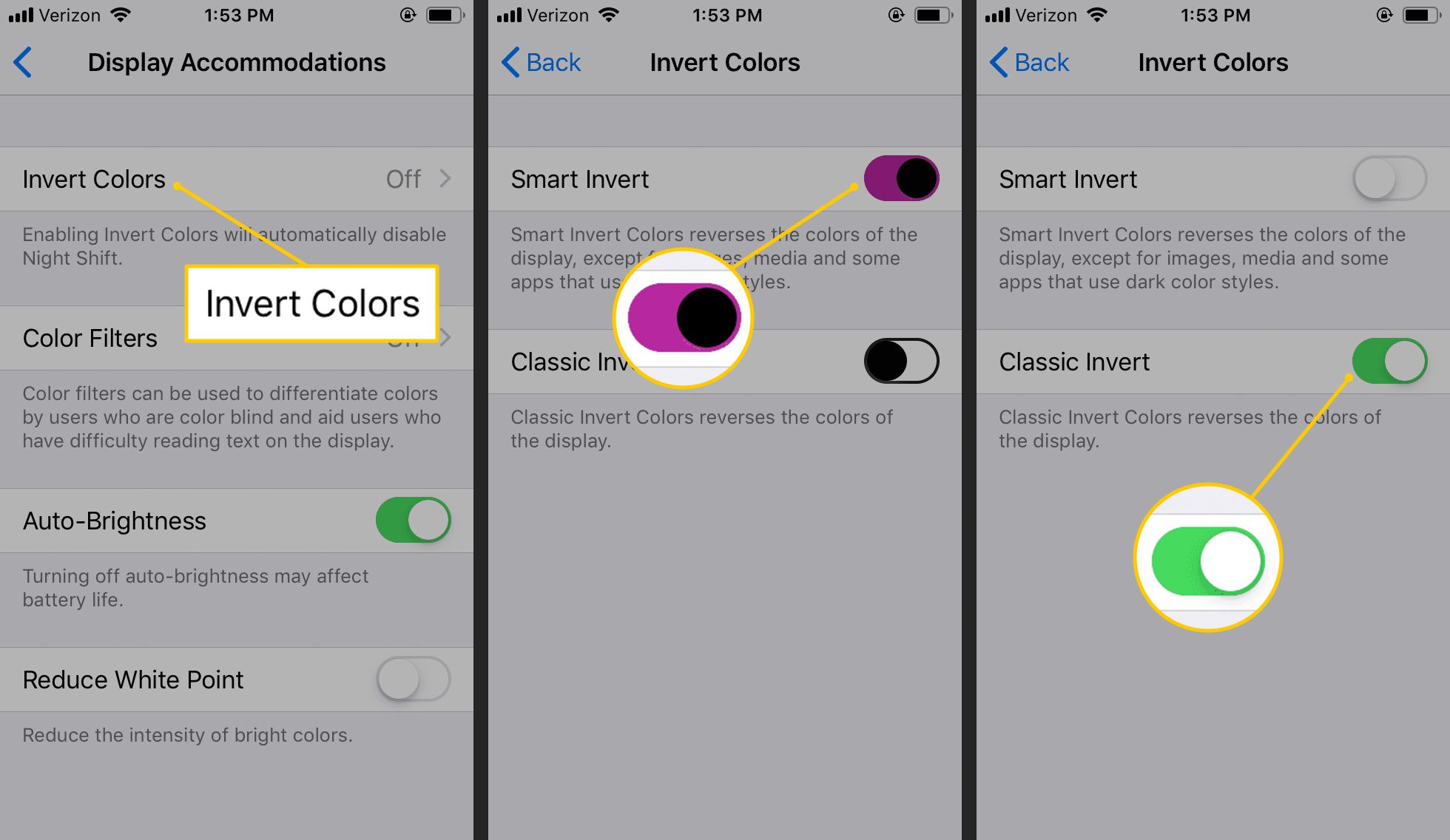 Invertera färger, Smart Invert, Classic Invert i iOS-inställningar