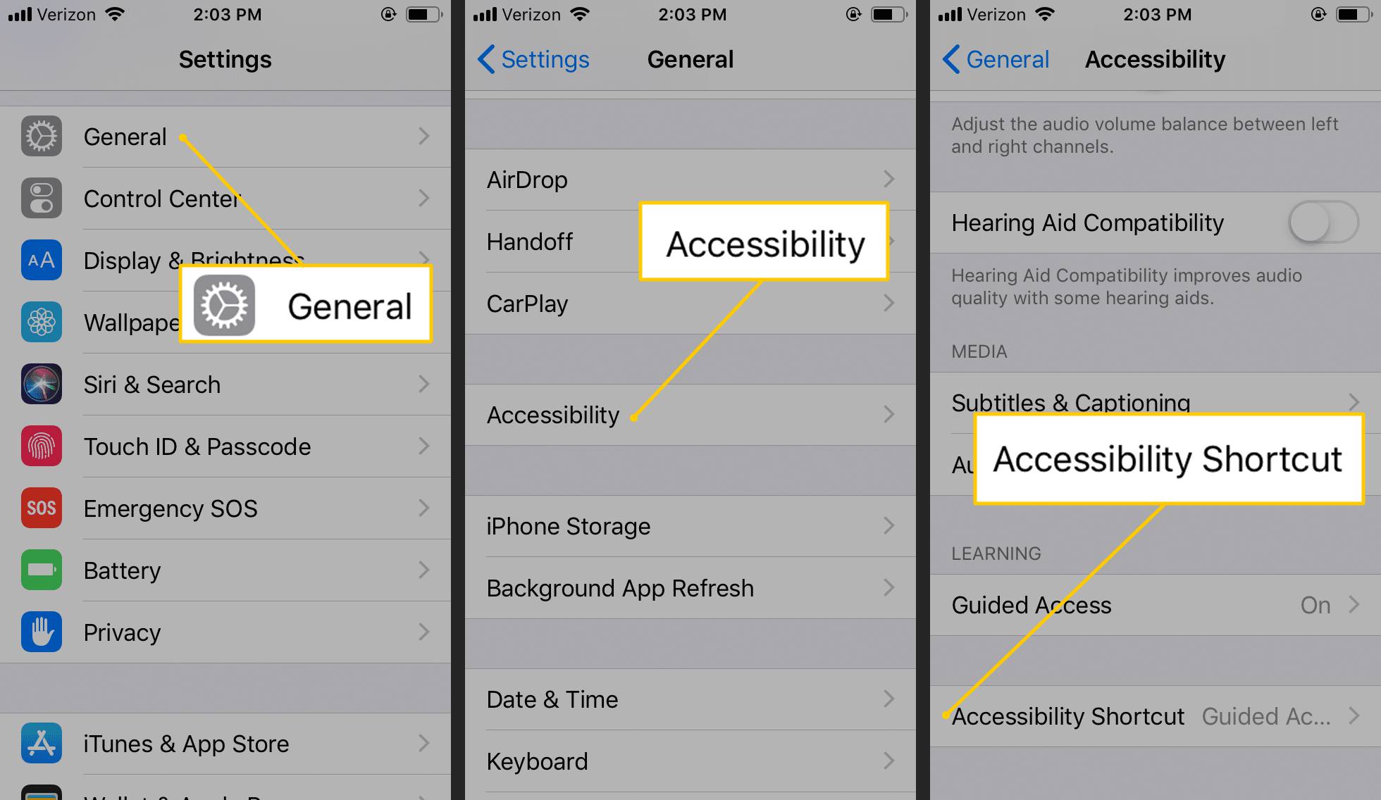 Allmänt, Tillgänglighet, Tillgänglighet Genvägsknappar i iOS-inställningar