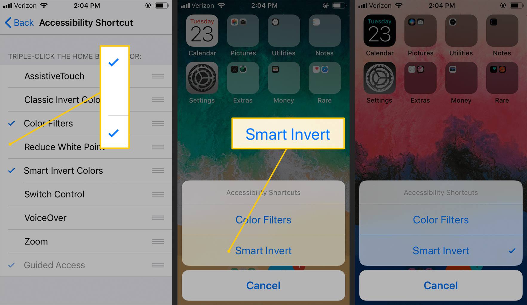 Tillgänglighetscheckar, Smart Invert, genvägar på iOS