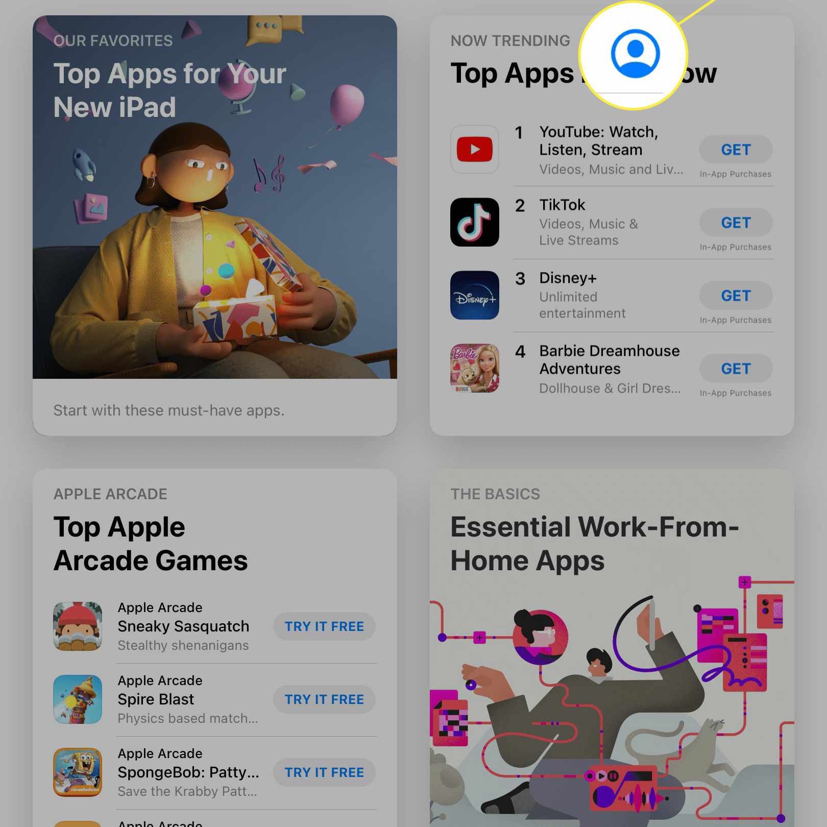 App Store på en iPad med användarens profilikon markerad.