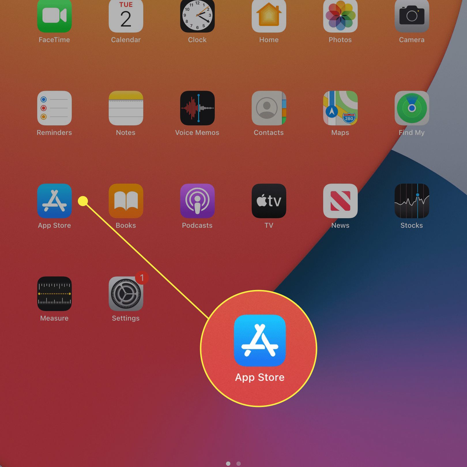 En iPad-startskärm med App Store-ikonen markerad.