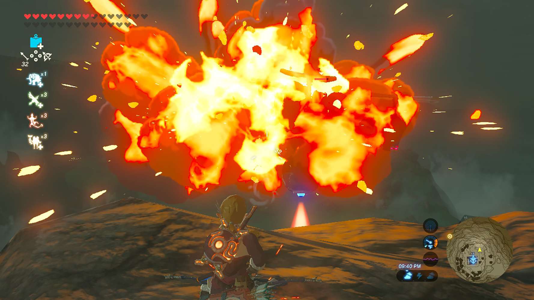 Skärmdump från Zelda: Breath of the Wild med en bombpil på en Guardian