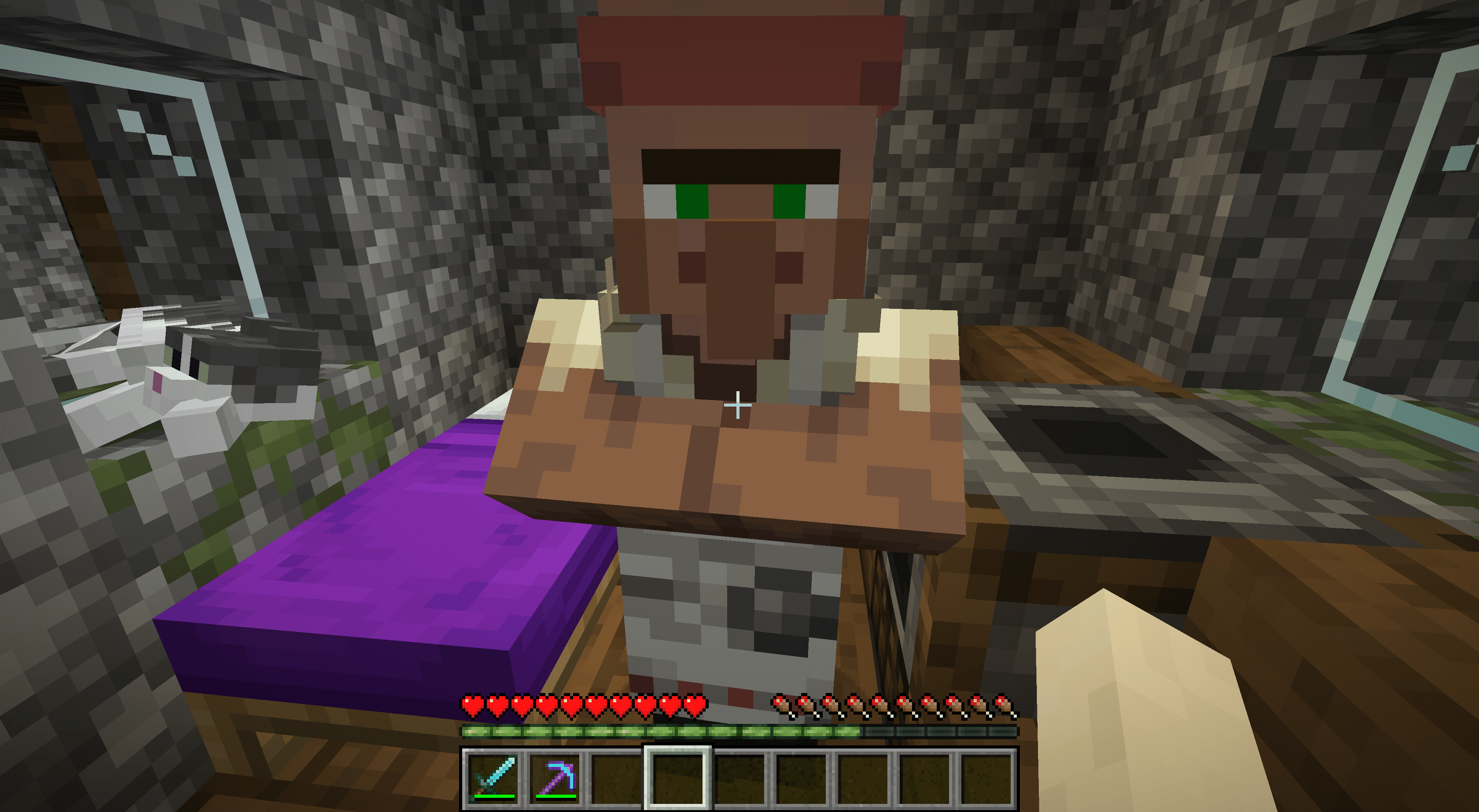 En slaktare NPC i Minecraft med sin rökare bakom sig.