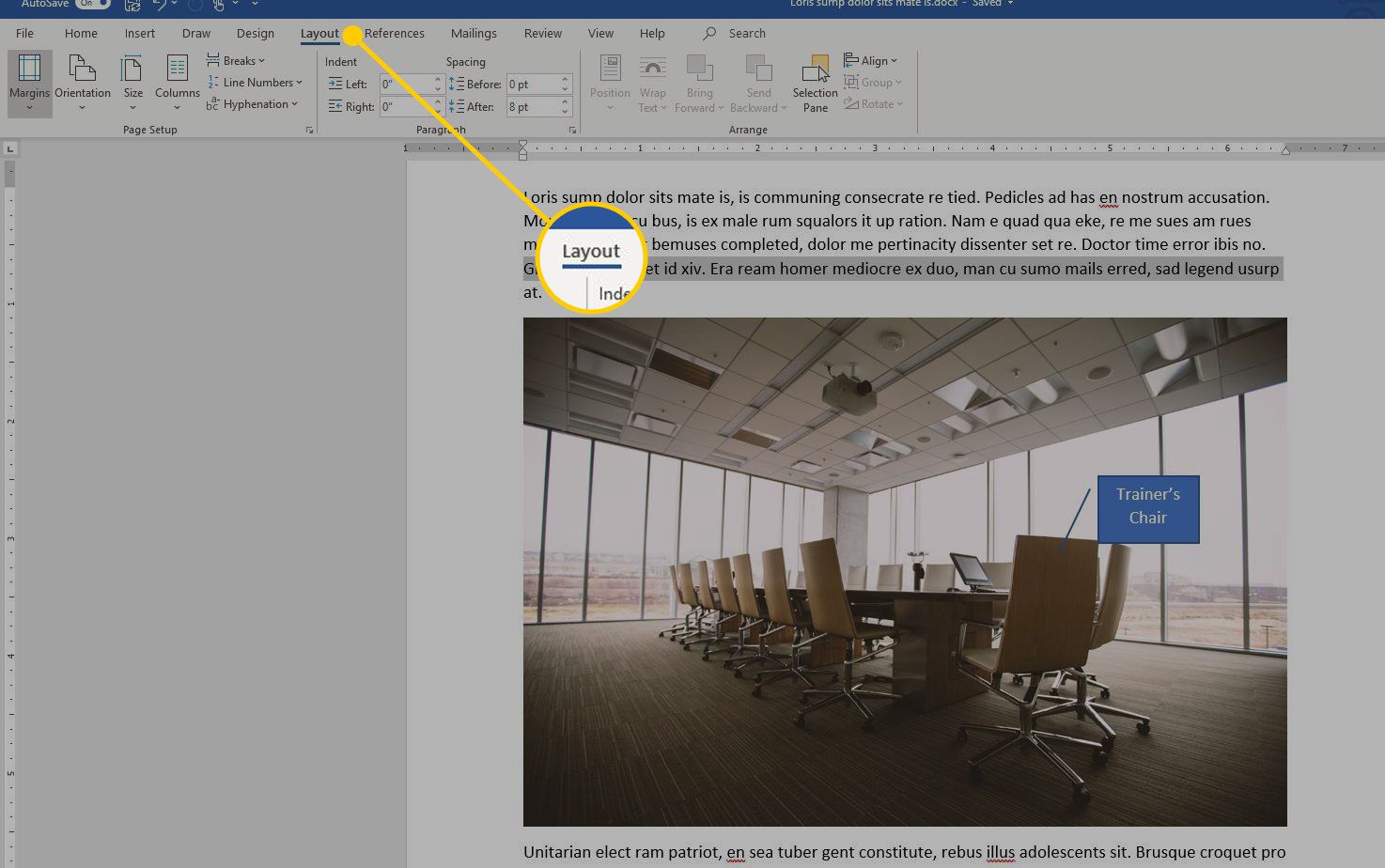 Microsoft Word med fliken Layout markerad