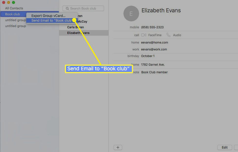 Skärmdump för att skicka grupp-e-post från Kontakter med Apple Mail