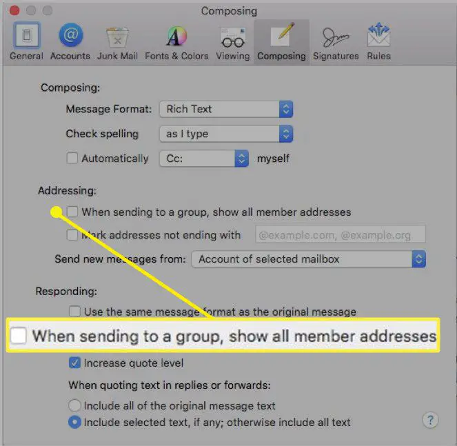 Skärmdump för att skicka grupp-e-post i Apple Mail