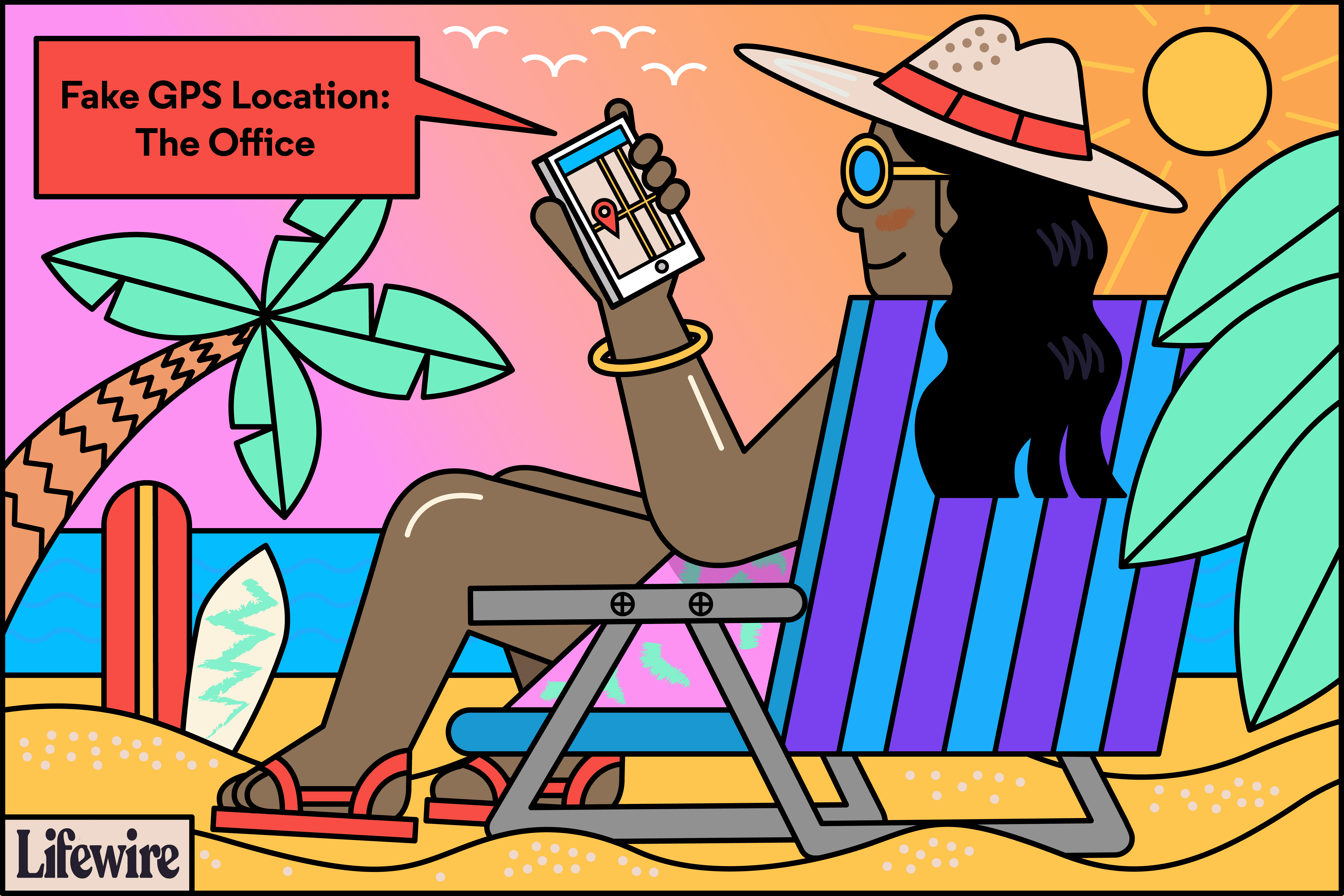 Illustration av en person på stranden med "Fake GPS location: The Office" som kommer ut ur sin smartphone