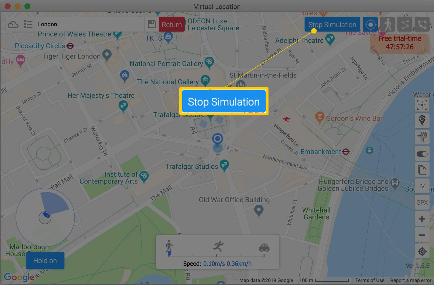Stoppa simuleringsknappen i fönstret iTools Virtual Location