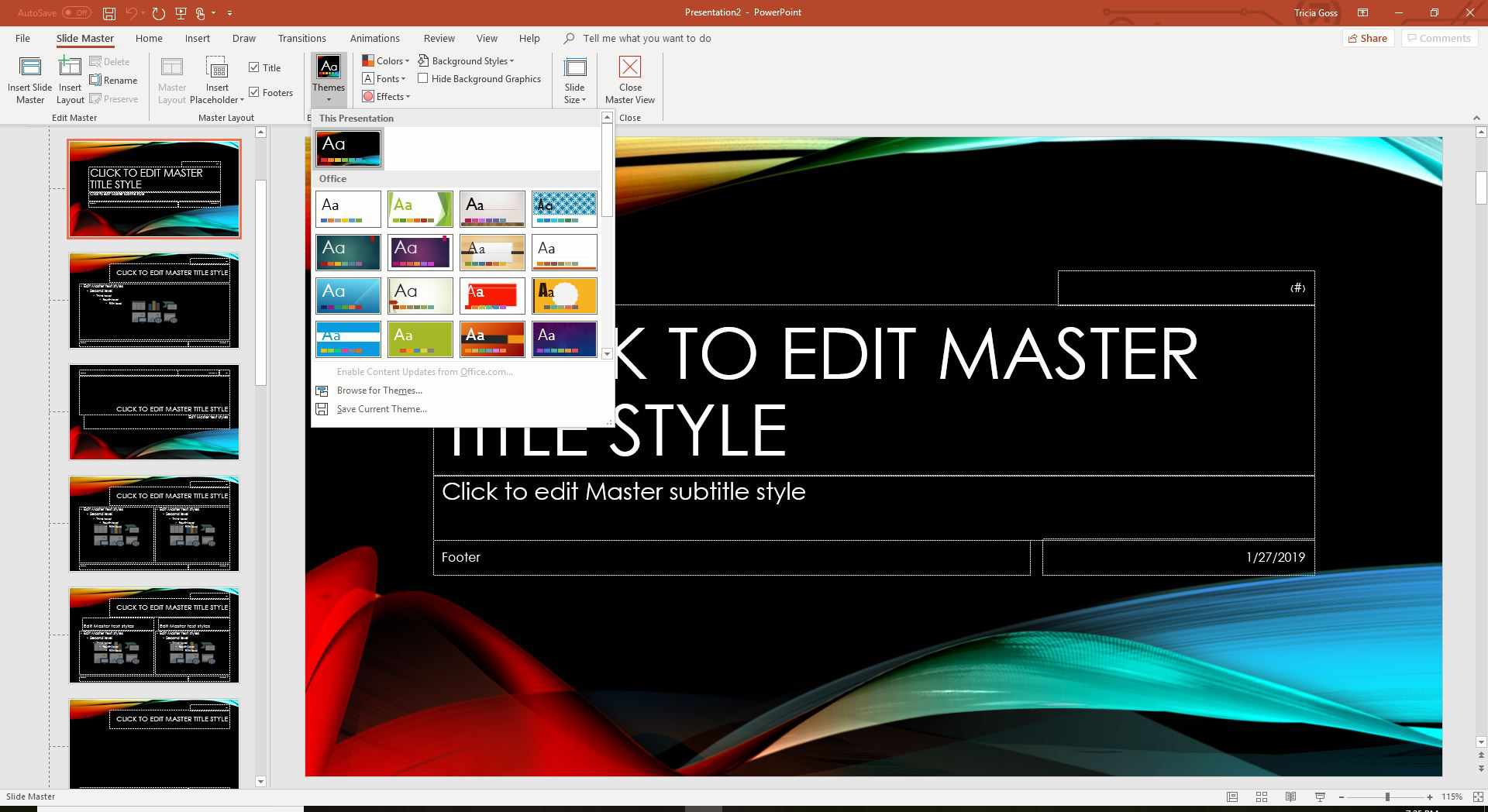 Skärmdump av teman på fliken Slide Master
