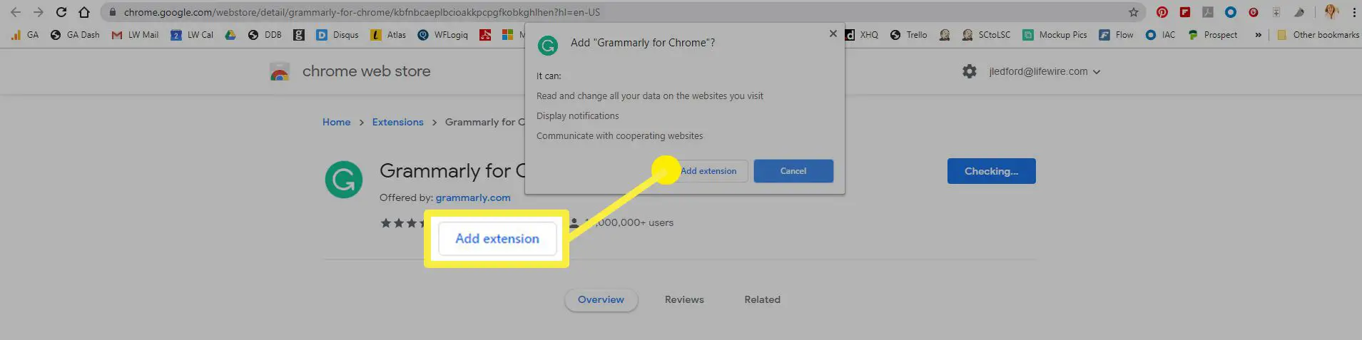 Bekräfta att du vill lägga till ett tillägg i Chrome Web Store.