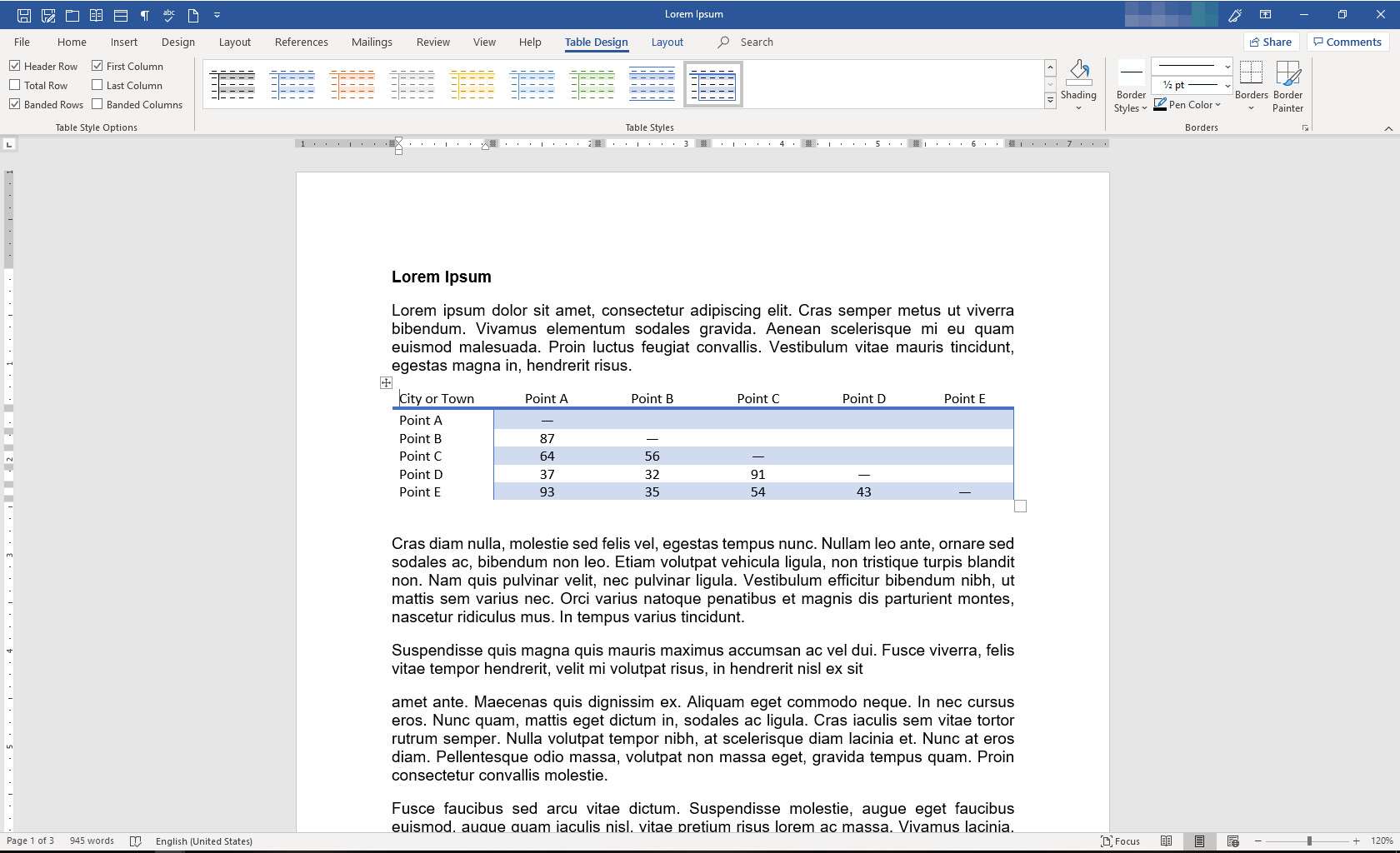 MS Word-dokument med ny snabb tabell infogad