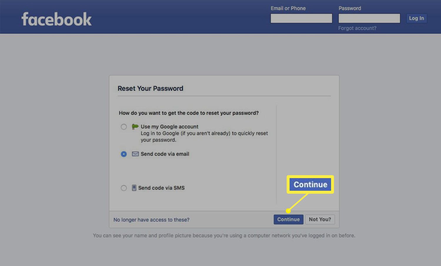 Facebook återställ lösenordsmetodskärmen
