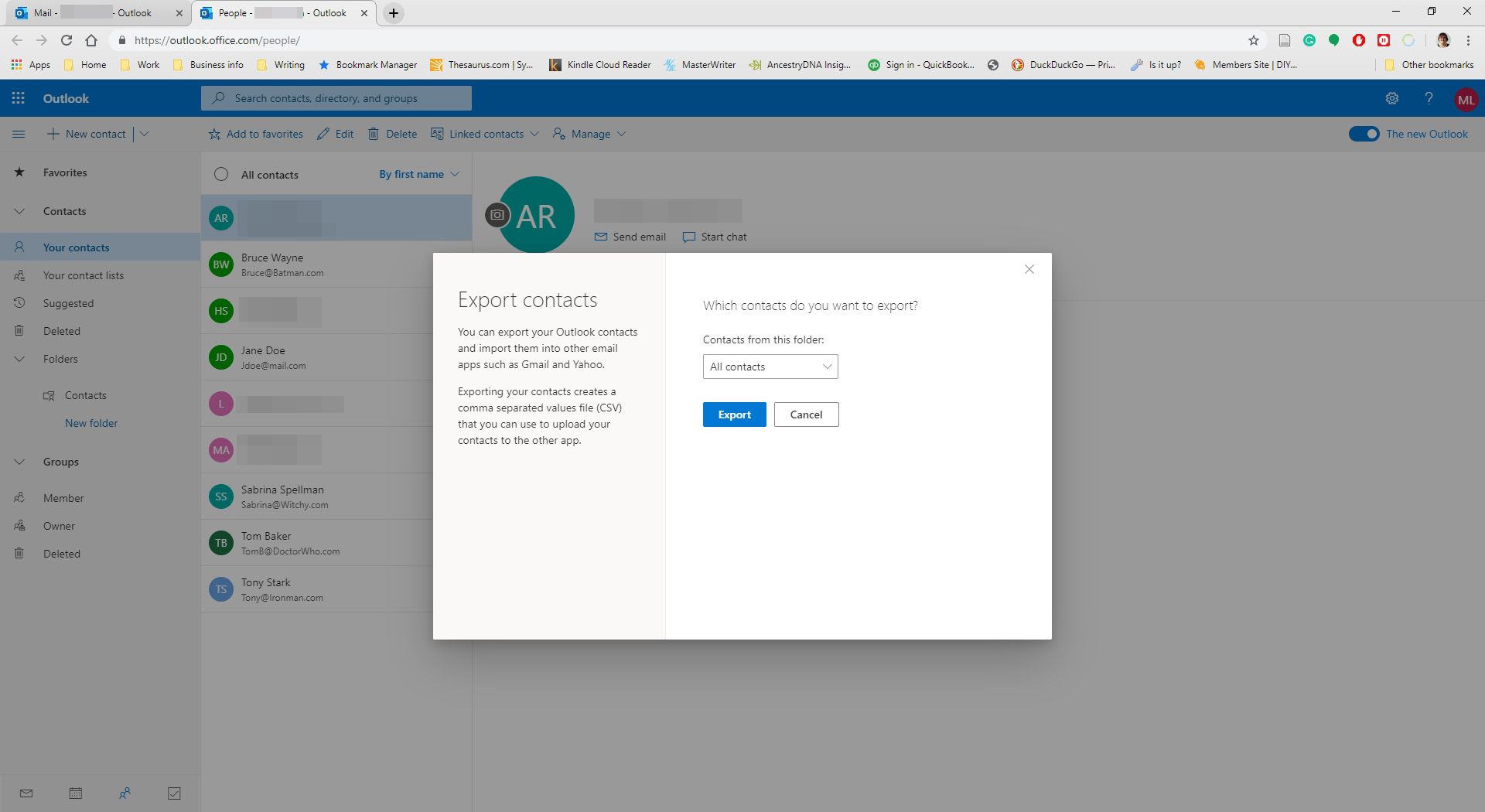Väljer export för att exportera alla kontakter från Outlook på webben.