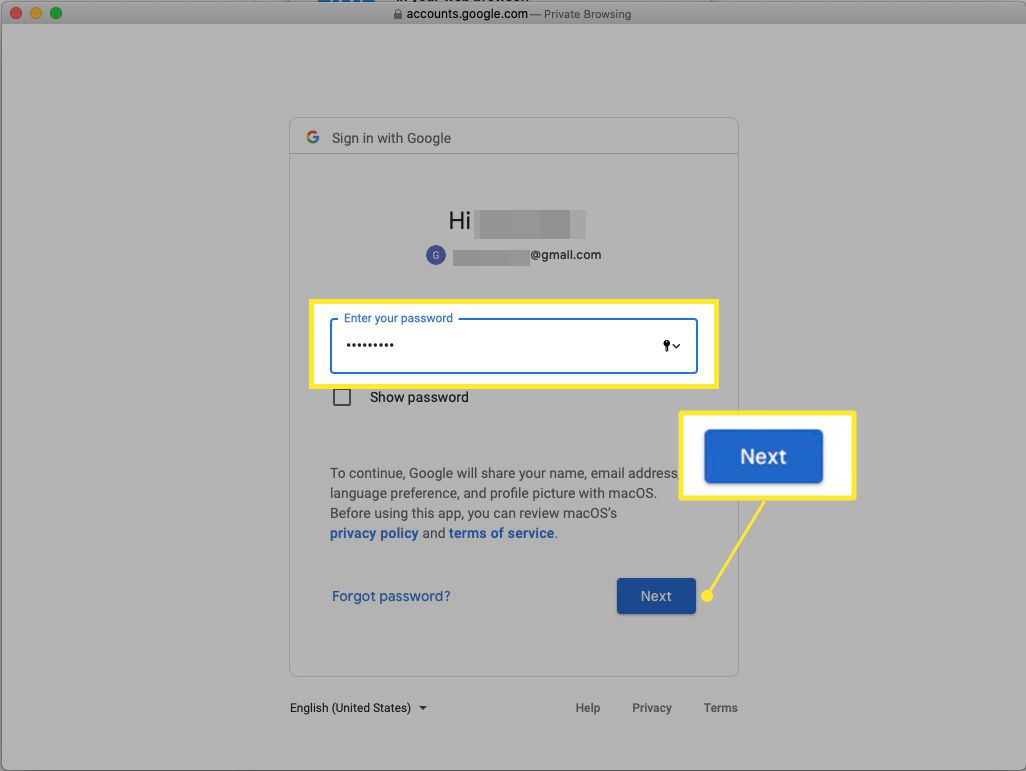 Gmail-inloggningsskärm med lösenord och Nästa markerat