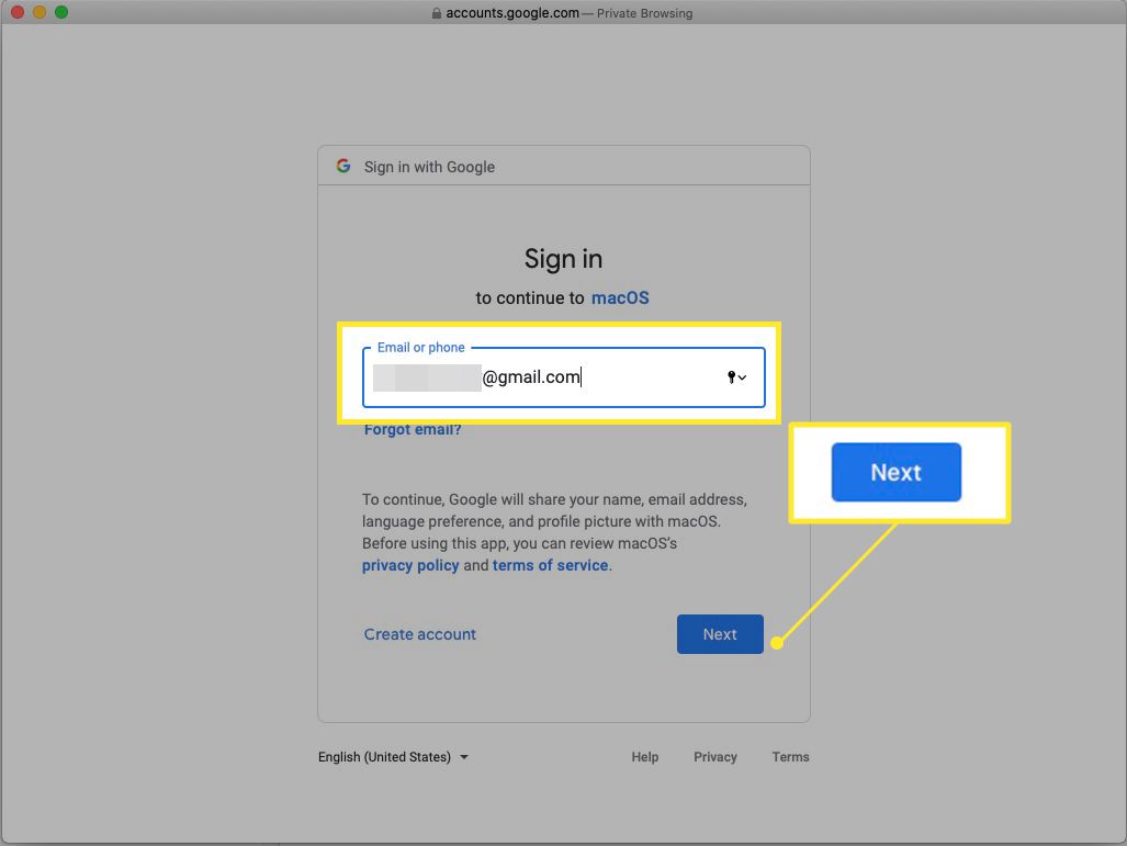 Inloggningsskärm för Gmail med Gmail-adress och Nästa markerad