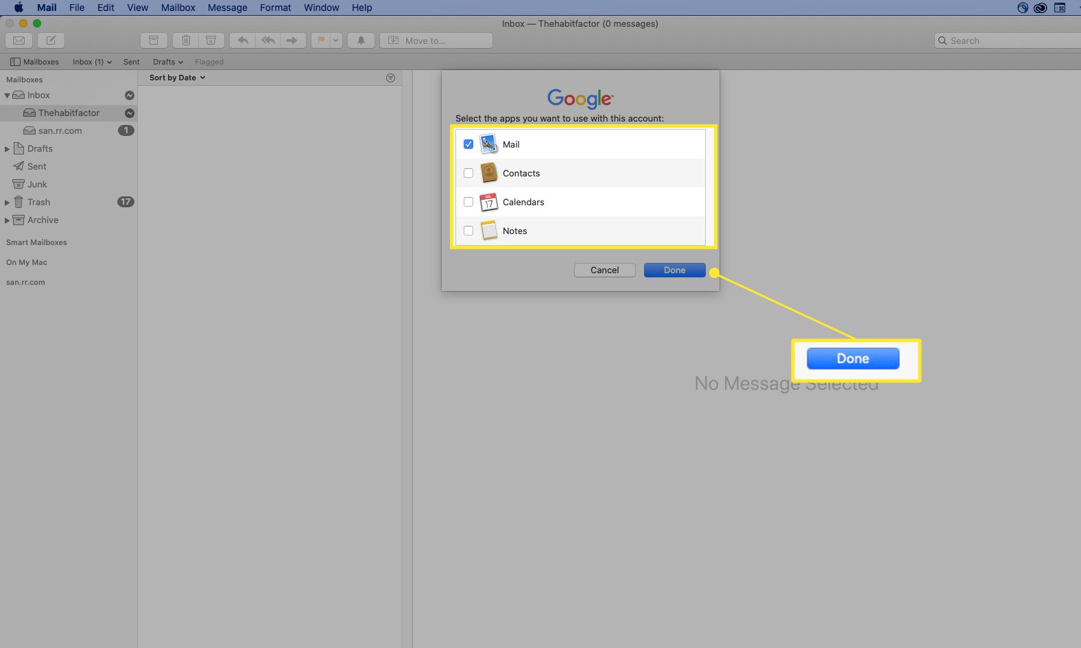 Alternativ för att synkronisera med macOS i Gmail markerade och Klar markerade
