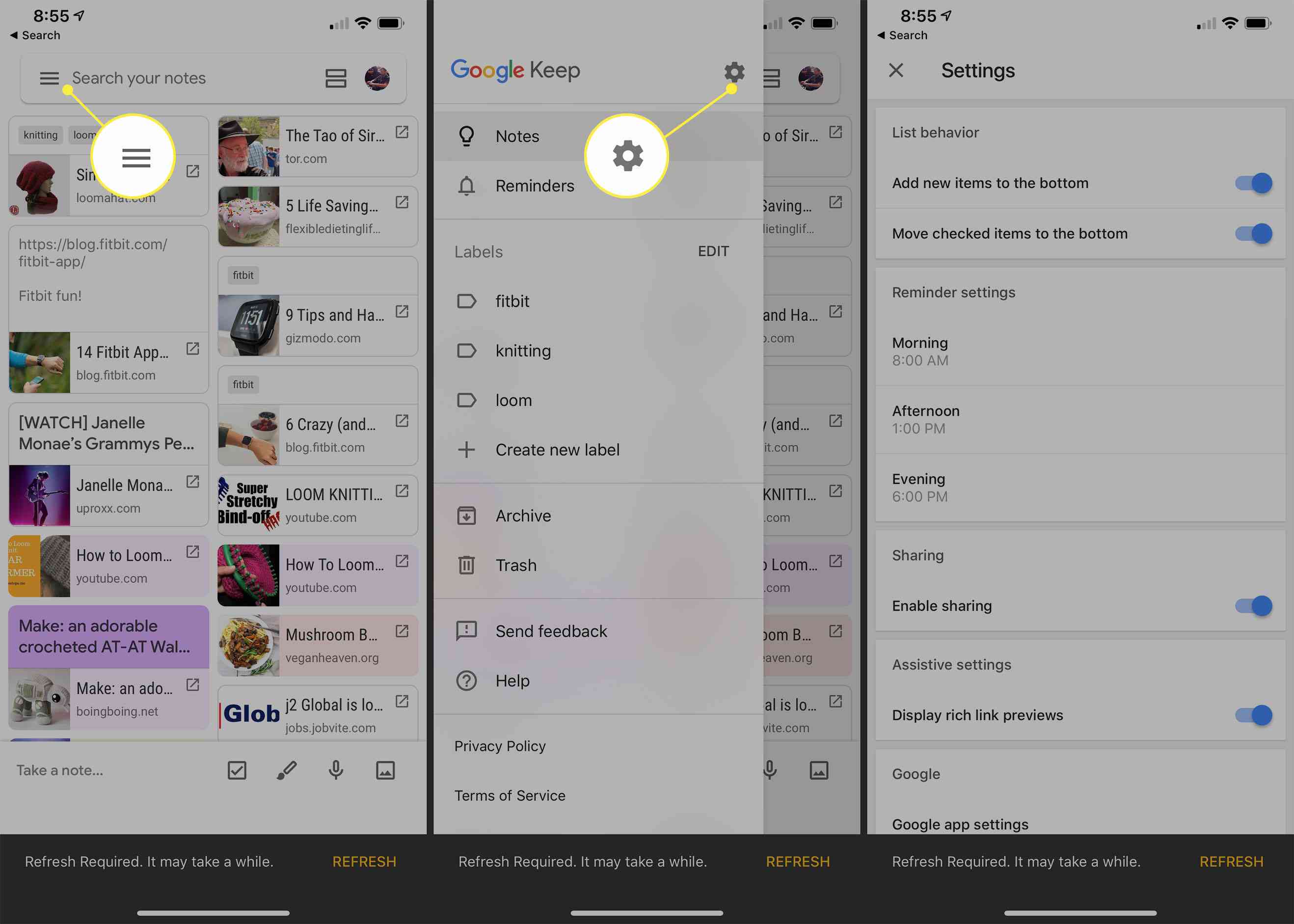 Menyn och alternativet Inställningar i Google Keep-appen