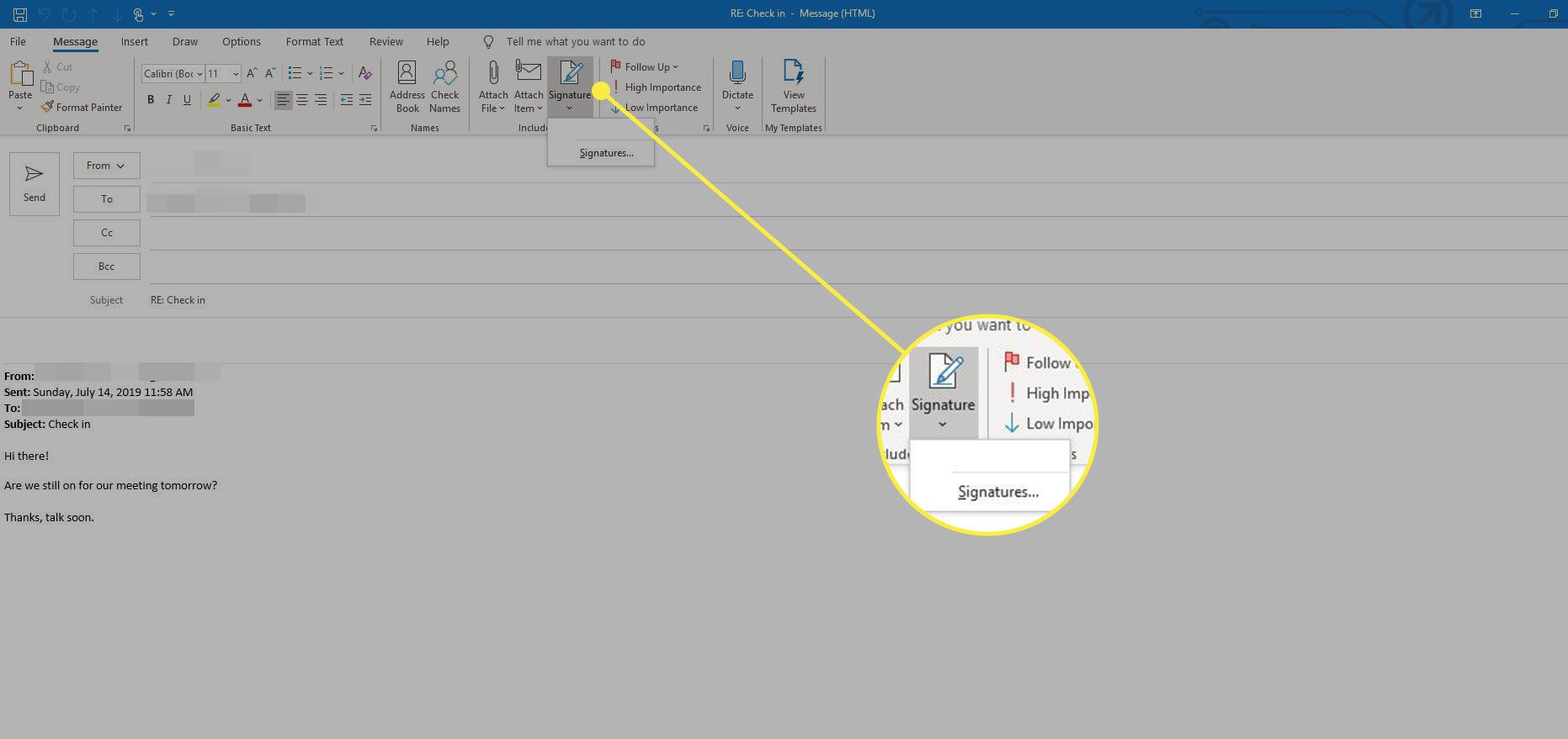 En skärmdump av ett meddelande i Outlook med kommandot Signaturer markerat