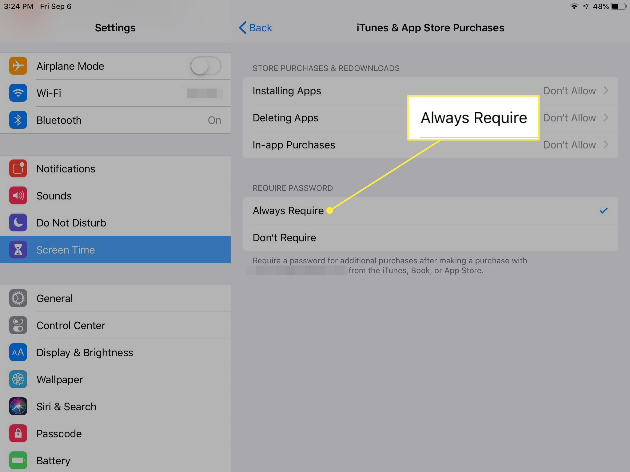 En skärmdump av iTunes & App Store-köpinställningar på en iPad med alternativet Kräv alltid markerat
