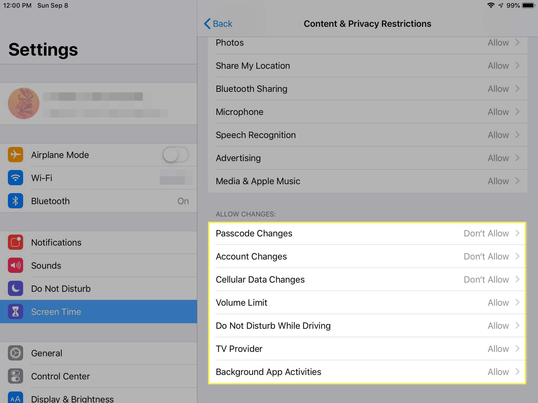 En skärmdump av begränsningar för innehåll och sekretess på en iPad med avsnittet Tillåt ändringar markerat