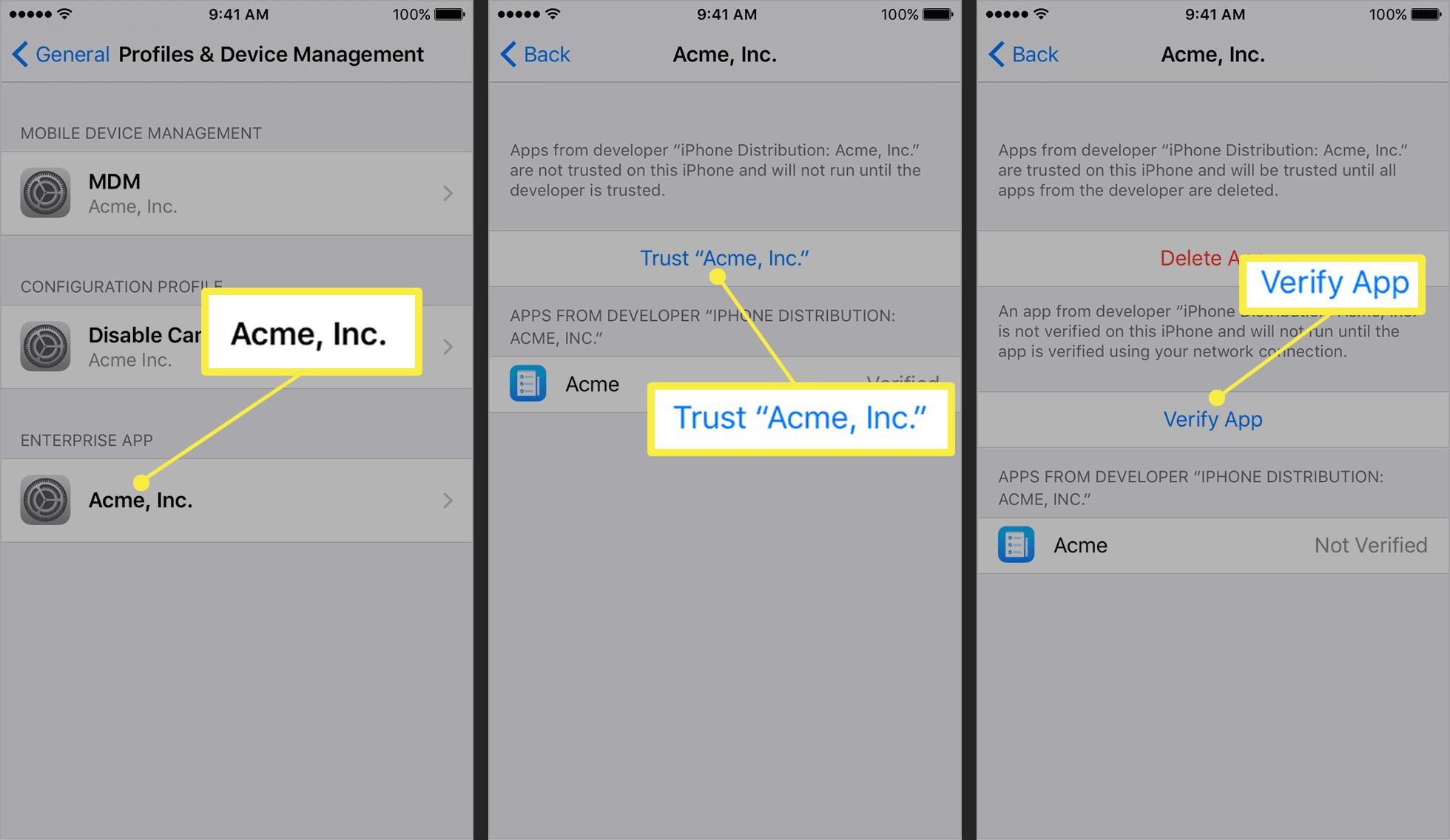 Profiles & Devices Management-skärmar på iOS
