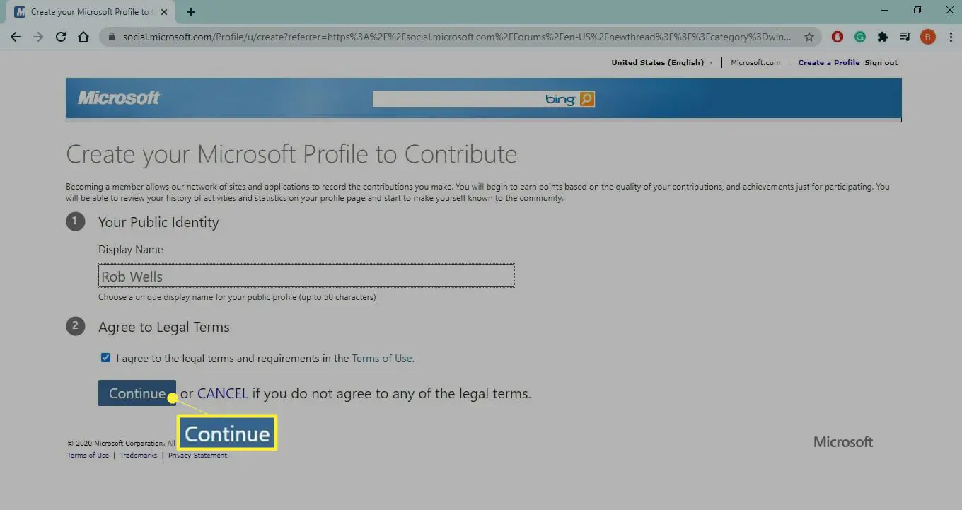 Ange namnet du vill ska visas med dina inlägg, godkänn användarvillkoren och välj Fortsätt.