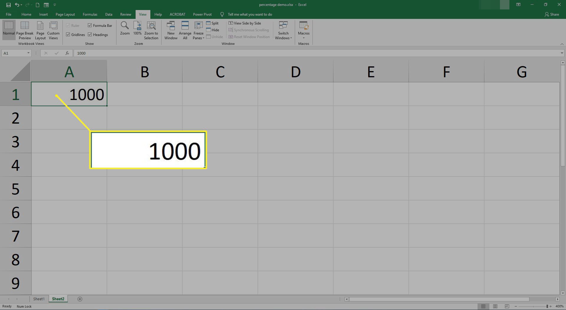 Siffran 1000 i cell A1 i Excel