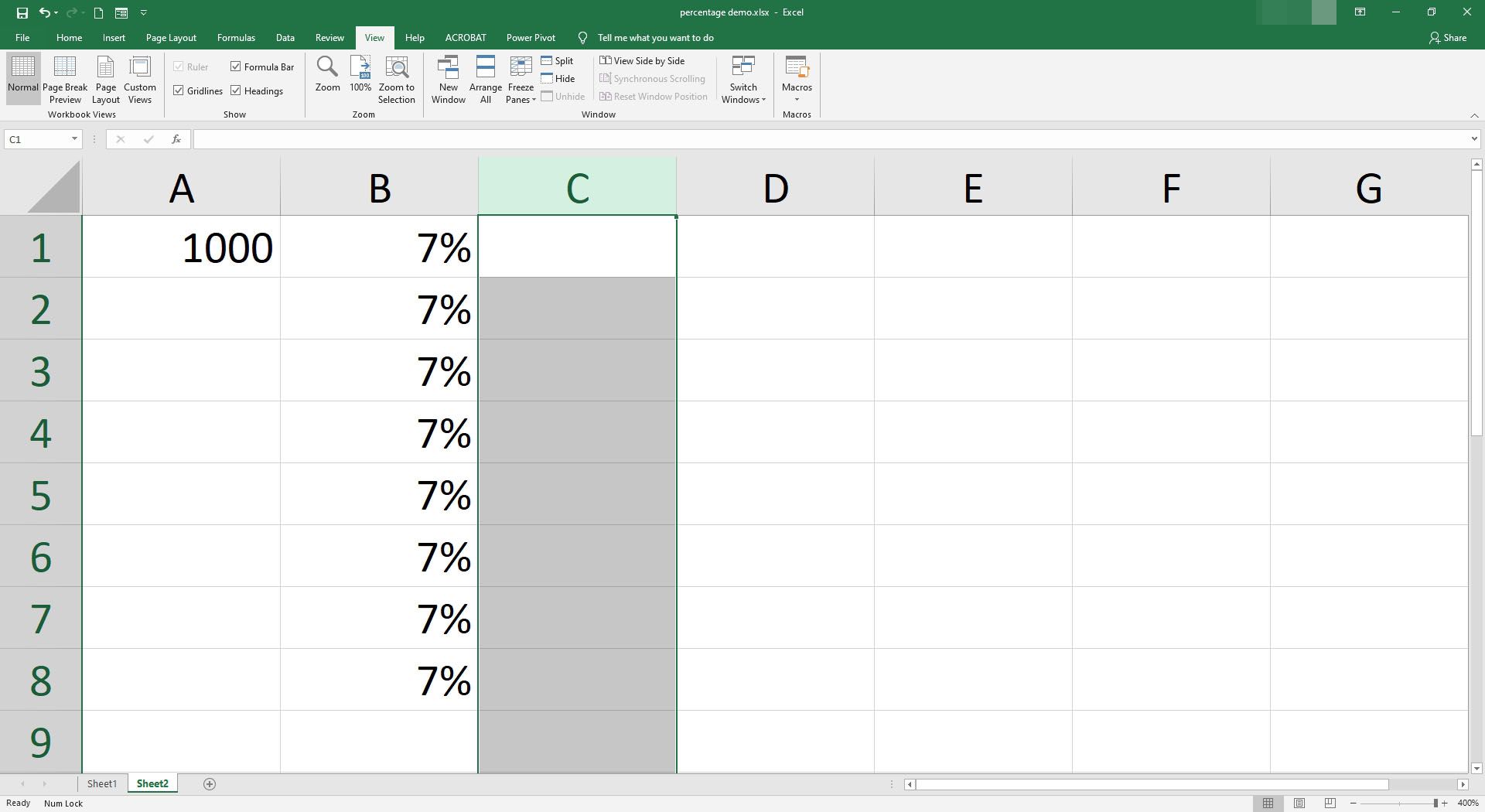 C-kolumnen är vald i Excel.