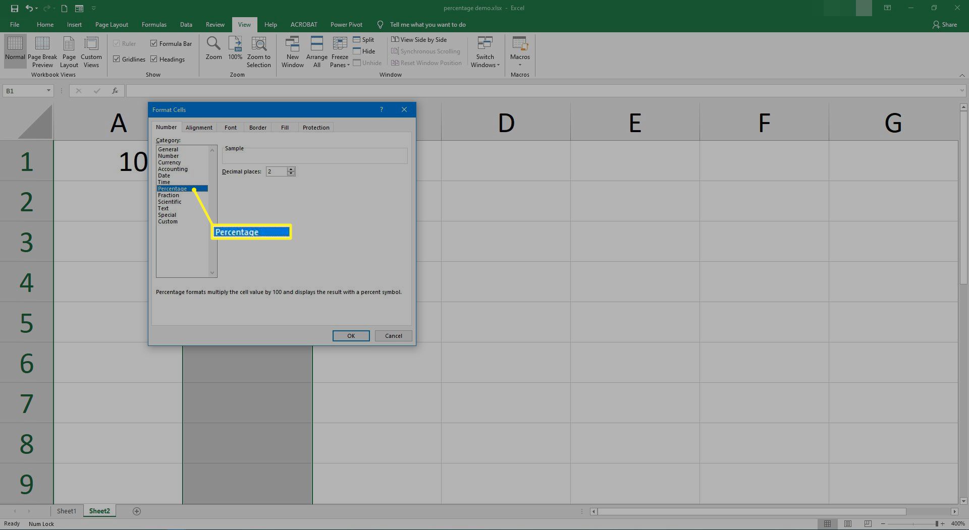 Ställa in cellformatet till procent i Excel