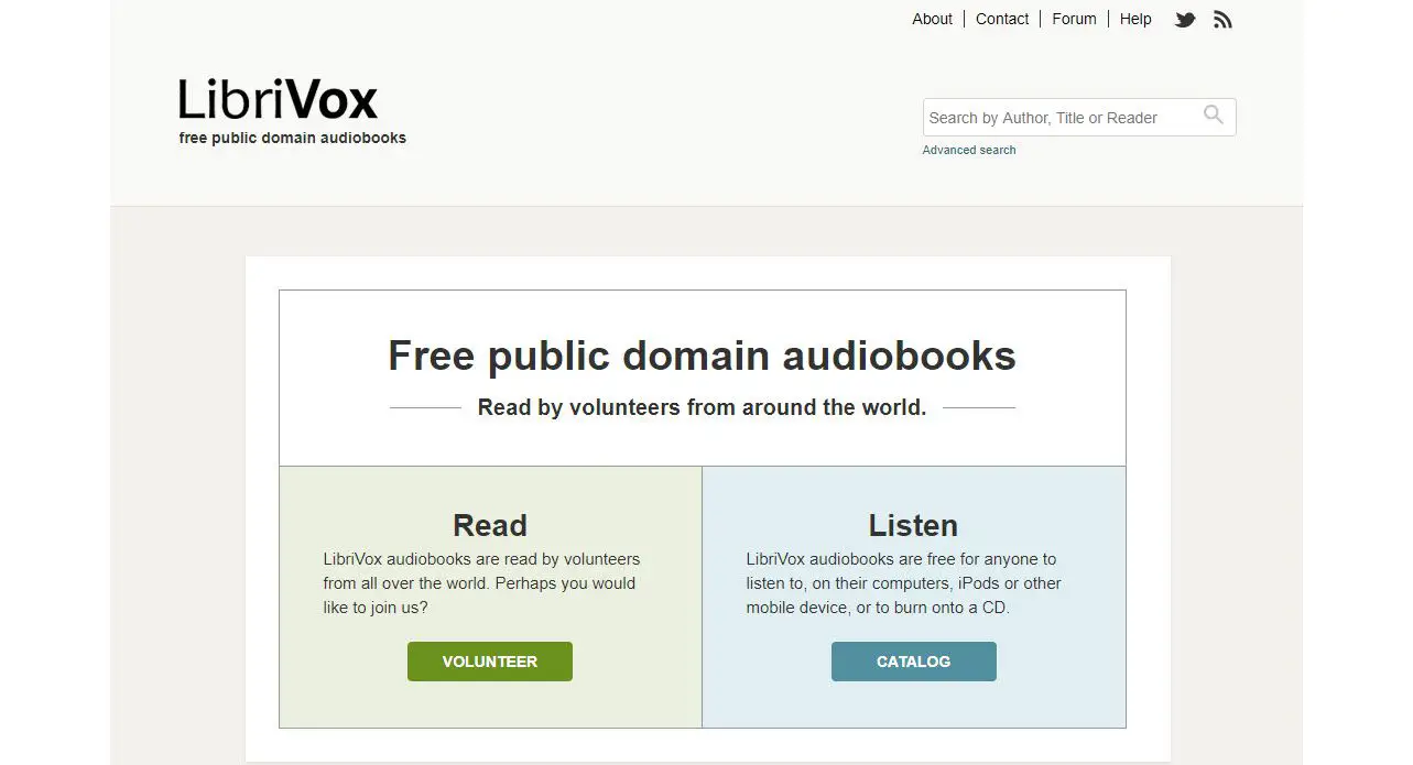 Skärmdump av LibriVox webbplats, där du kan ladda ner offentliga böcker