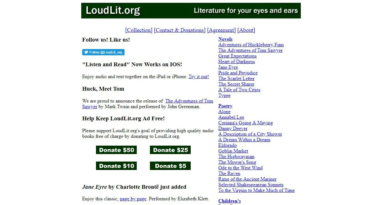 Skärmdump av LoudLit-webbplatsen där du kan ladda ner offentliga böcker