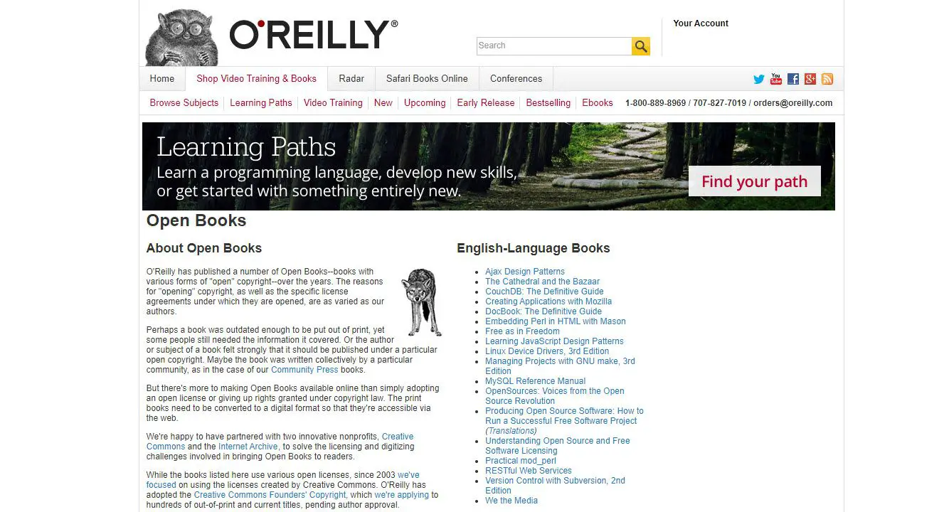 Skärmdump av webbplatsen O'Reilly Open Books där du kan ladda ner offentliga böcker
