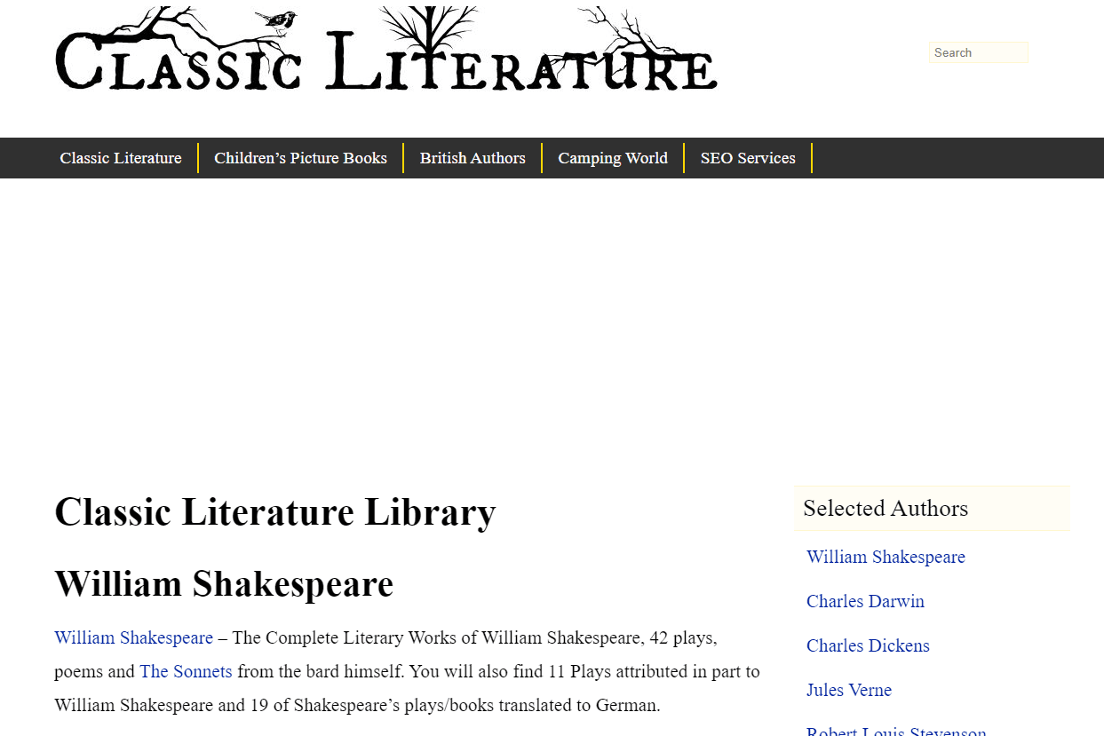 Skärmdump av webbplatsen Classic Literature